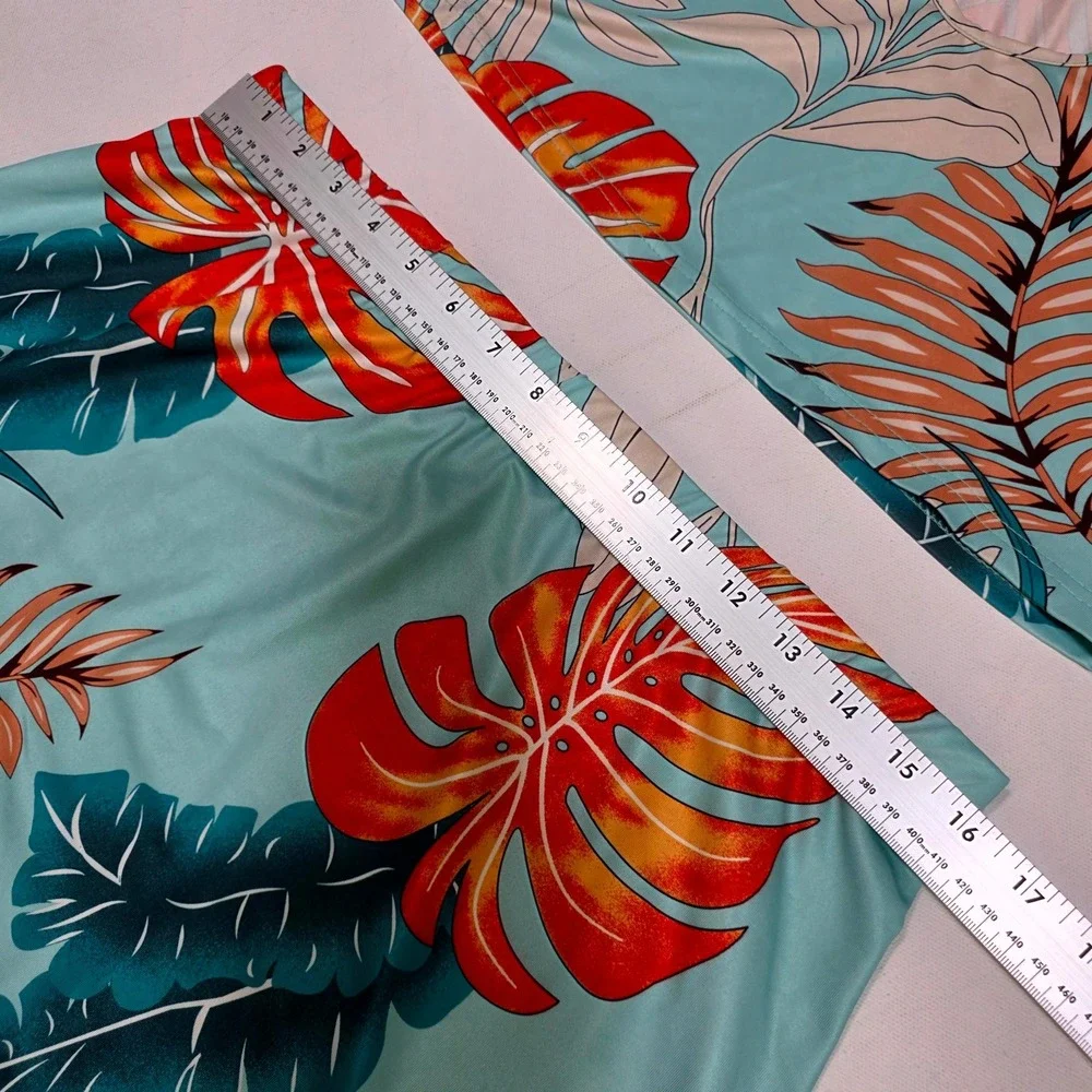 Xinyubaby 2 Piece Skirt Set Womens XXL Teal Tropical Palm Leaf Crop Top Skirt